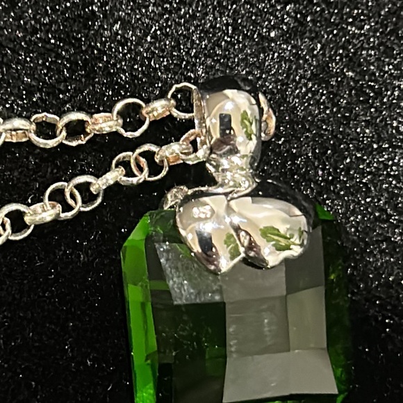 #11 Vintage Pendant, Green Princess cut Stone/Clear Crystal Accents, 925, 16" - Picture 4 of 9